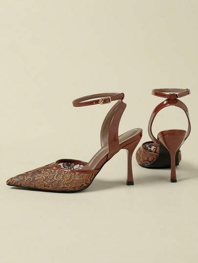 2026 New Glossy Patent Leather Peep Toe Strappy High Heel Sandals, 9CM Super High Heel, Sexy Fashion Versatile Outdoor Wear, Lace Hollow-Out Design, Embroidered Pointed Toe Mary Jane Shoes, Available In Brown, Candy Colors, Spring/Autumn