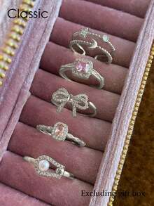 5pcs Elegant, Delicate, Gentle Geometric Bow, Star, Moon Faux Pearl Zirconia Inlaid Copper Ring Set, Unique Niche High-End, Suitable For Daily Commute, Events, Parties, Holidays, Fashion Gift - 銀色 - 查看 12