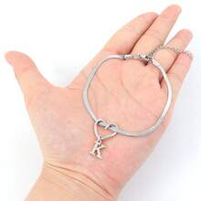 1pc New Classic Heart Initial Pendant Silvery Stainless Steel Herringbone Chain Anklets For Women - Silver - View 3