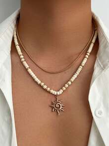 Dây chuyền hai lớp mặt dây chuyền hình mặt trời vàng, dây chuyền nam phong cách retro bohemian đính hạt, dây chuyền nhiều lớp mùa hè giản dị. - Vàng - Xem 2