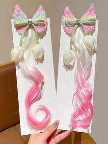 2个装 女孩甜美俏皮渐变蝴蝶、郁金香花朵和流苏发夹 - 彩色 - 查看 4