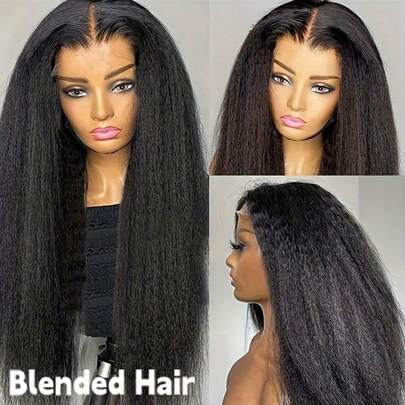 卷曲直发假发 Yaki 直发人发混纺假发 8-34英寸 13x4 卷曲直发假发 200密度巴西蕾丝前假发 自然发色 卷曲高品质 自然色