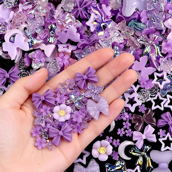Bộ 100 hạt trang trí bằng nhựa màu tím dễ thương - Hình gấu Kawaii, nơ, sao và trăng - Lý tưởng cho việc tự làm móng tay, kẹp tóc và đồ thủ công.