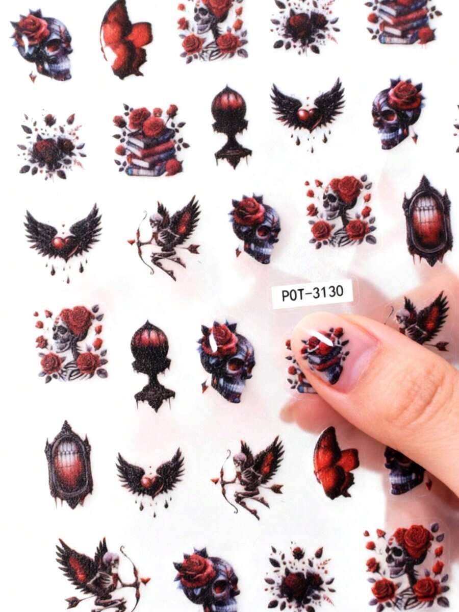 1 miếng dán móng tay hình bộ xương tối màu dập nổi, decal móng tay hoa hồng đỏ, trang trí móng nghệ thuật tự dính, hình dạng bất đối xứng, phù hợp cho phụ nữ tự làm hoặc sử dụng tại tiệm nail. - Nhiều màu - Xem 1