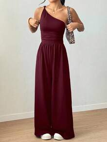 Women's Casual Jumpsuit For Outdoor Use With Twisted Pleats, Straight Leg, Loose Fit, Spring/Summer - 酒紅色 - 查看 6