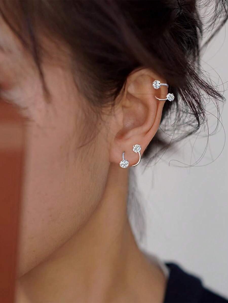 2pcs Diamond Ball S-Shaped Spiral Screw Cartilage Earrings For Women - Silver - View 1