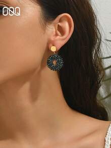OOQ 1 Pair Handmade Bohemian Style Crystal & Seed Bead Earrings, Vintage Elegant Geometric Water Drop Earrings, Suitable For Valentine's Day, Music Festival, Wedding, Gift For Friends And Lovers, Suitable For Women's Daily, Vacation, Party Wear (Handmade Seed Bead Color And Position Random) - Green - View 3