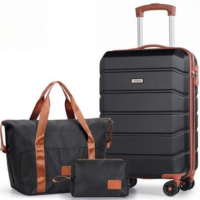 Carry-On Hand Suitcase Hard Shell Trolley, Lightweight Travel Cabin Luggage With TSA Lock And Durable 4 Spinner Wheels For Men Women, 21 Inch + Travel Duffels Bag & Toiletry Bag-Black