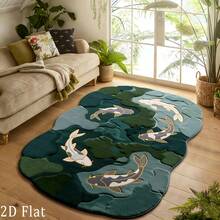 1pc Embossed Koi Pond Area Rug, Living Room Carpet, Washable Decorative Carpet For Living Room, Large Round Carpet For Home Decor - Multicolor - View 2