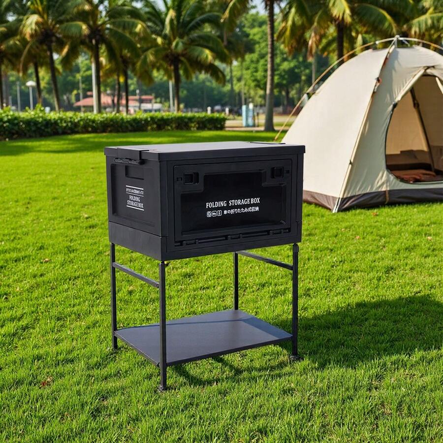 LIVINGANDHOME Black Outdoor Camping Foldable Storage Box With Wooden Tabletop & Stand, Multi-Functional Large Capacity Storage Organizer With Front Pull Ring & Side Snaps, Pressure-Resistant PP Material, Anti-Slip Grid Base, Collapsible Design For Easy Storage & Transport, Stackable Sturdy Storage Case For Camping, Picnic & Car Trunk - 45L Black(53cm H) - View 1