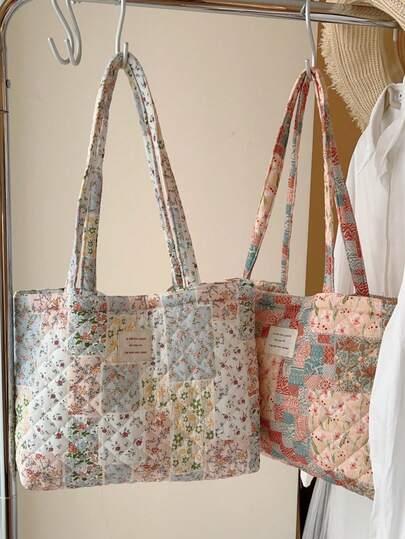 1 PC Printed Floral Patchwork Women Casual Quilted One-Shoulder Tote Bag Portable Large Capacity Shopping Bag Mommy Bag,For Office Commuting Travel And Vacation Essentials Cosmetics Makeup Toiletry Storage Bag,For Mobile Phone,Wallet,Sanitary Napkins,Keys,Laptop Computer,Wired Earphones,Earpods,Headphones,Charger,Lipsticks,Perfume,Skin Care And Beauty Products,Friend Gift Holiday Gift