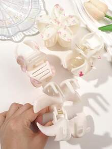 4个粉白格子ABS材质樱花蝴蝶结花朵印花发夹，爪夹，发爪，马尾发圈，甜美、温柔、治愈、田园、少女、海洋、沙滩、度假、野餐、派对配饰 - 彩色 - 查看 5