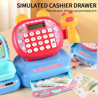 卡通熊兔收银员角色扮演玩具，超市收银员游戏套装，女孩生日礼物，亲子互动玩具（不含电池）