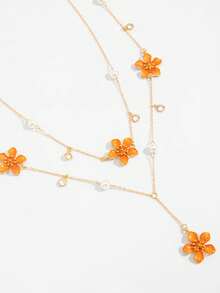 1 Set de 2 piezas Collar con colgante de flor esmaltada colorida, collar de cadena en forma de Y con flor esmaltada 3D, perla falsa y rhinestone, de personalidad dulce y creativa - Naranja - Ver 4