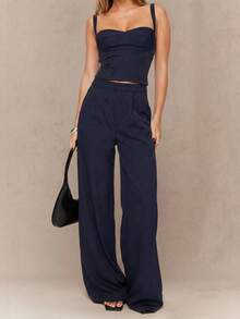 2pcs Set Women Commuting Outfit: Striped Camisole Top + Wide Leg Loose Casual Trousers Summer - Navy Blue - View 5