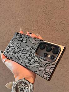 1个磨砂TPU手机壳，兼容三星Galaxy S25/S24/S23/S22 Ultra（国际版，非国产），防摔防刮，优雅蕾丝设计，深色镂空花卉图案，深灰色磨砂极简蕾丝风格手机壳 - 彩色 - 查看 2