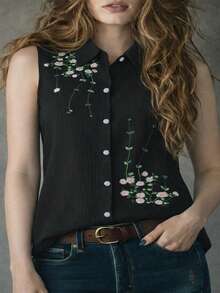 New Arrival Plus Size Women's Fashion Summer Casual Embroidered Sleeveless Blouse Vacation - Black - View 1