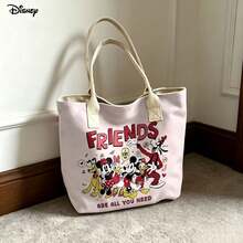 迪士尼卡通帆布手提袋，可爱米奇和朋友印花单肩包，日常使用 - 粉色 - 查看 9