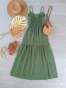 Vestido Midi Feminino Poá Alça Regulável Botões Frontais Elegante Verão Casual  elegante  Casual  Festa    Férias - Verde Menta - Visão 2