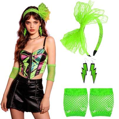 3 pièces/set D EXCEED Accessoires pour femmes des années 80 - Bandeau en dentelle, boucles d'oreilles fluo, gants résille, décorations amusantes pour fête, anniversaire ou spectacle de danse