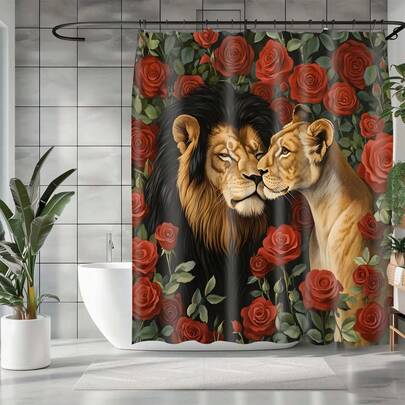1 tấm rèm tắm bằng vải polyester in hình sư tử kèm 12 móc treo, thích hợp trang trí phòng tắm hoặc bồn tắm.