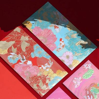 6 Stück/Set 2026 Neue Glückskarpfen & Blumen Design Rote Umschläge, Geldgeschenk Umschläge, mehrfarbige Feiertags Dankeskarten, geeignet für Hochzeiten, Geburtstage, Geschäftsfeiern, Chinesisches Neujahrsfest Geschenke, mit goldenen Akzenten