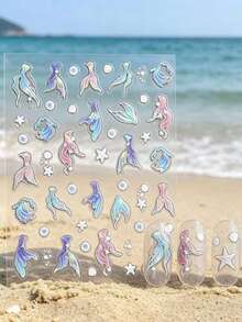 1 Sheet Holographic Mermaid Tail Nail Art Stickers, Super Shiny Shell & Starfish Nail Decals, Delicate Versatile DIY Nail Accessories, Blue-Pink Gradient Mermaid Tail + Pearl Shell + Star Elements, Soft Mermaid Princess Vibe, Ultra-Thin Adhesive, Endless DIY Creativity, Versatile Whitening Nail Stickers - Multicolor - View 1