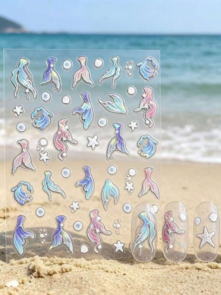 1 Sheet Holographic Mermaid Tail Nail Art Stickers, Super Shiny Shell & Starfish Nail Decals, Delicate Versatile DIY Nail Accessories, Blue-Pink Gradient Mermaid Tail + Pearl Shell + Star Elements, Soft Mermaid Princess Vibe, Ultra-Thin Adhesive, Endless DIY Creativity, Versatile Whitening Nail Stickers - Multicolor - View 1