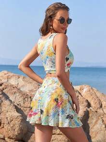 Sexy Two-Piece Women's Beach Vacation/Date Outfit With A Drop Neck And Full-Body Print. - Multicolor - View 6