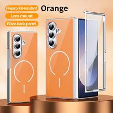 VIETAO Glass Back Panel Electroplated PC Magnetic Charging Phone Case Compatible With Samsung Galaxy Z Fold 4 5 6 7 Mobile Cover With Tempered Glass Screen Protector - Orange - View 6