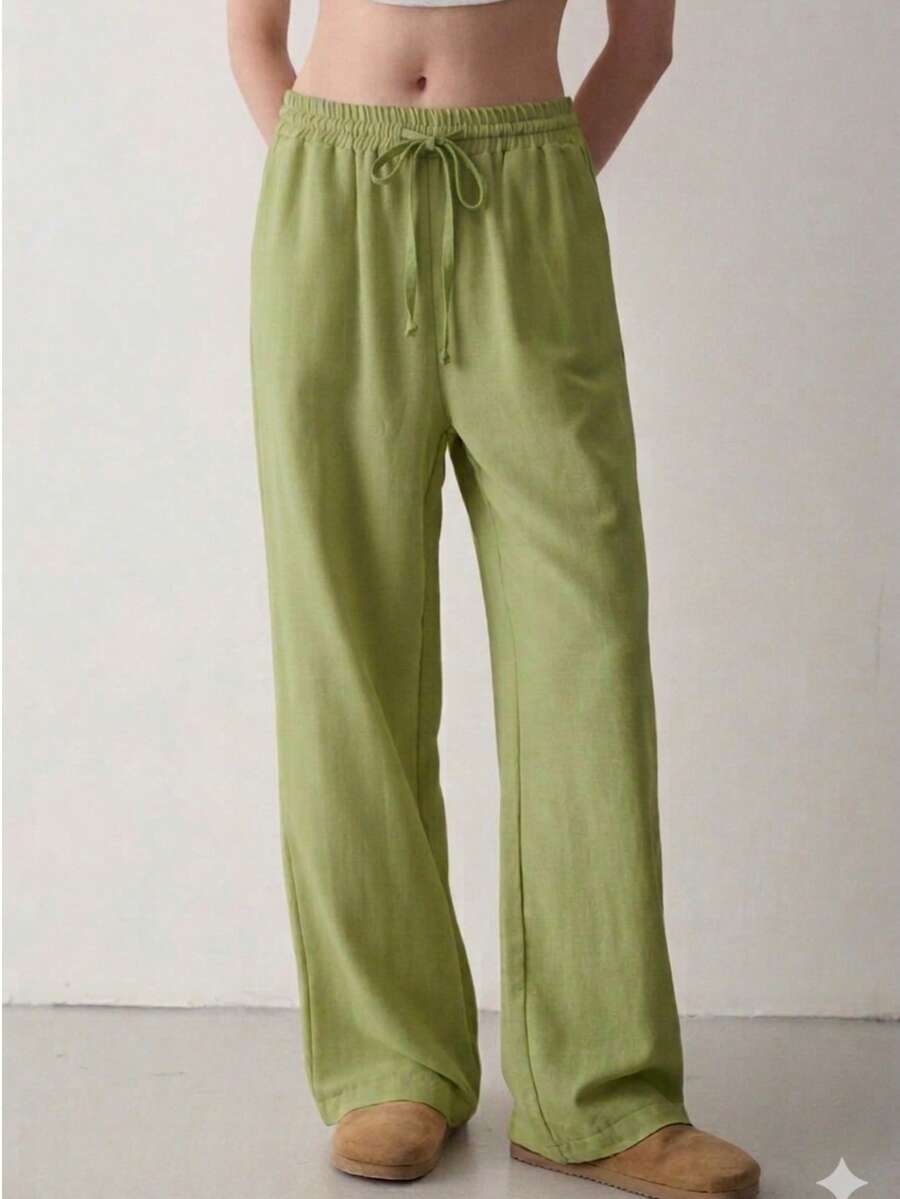 Women Linen Blend High Waist Drawstring Wide Leg Pants Casual Summer Loose Fit Trousers - Olive Green - View 1