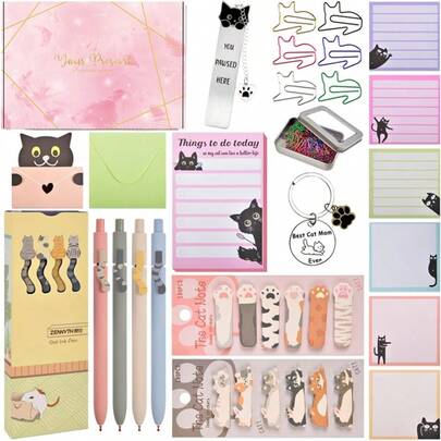 1 Set Regalo para amantes de los gatos - Útiles de oficina lindos, set de papelería con bolígrafo con diseño de gato, bloc de notas, decoración de escritorio, accesorios divertidos para niñas, mini clips con decoración de gatos, accesorios de estudio únicos