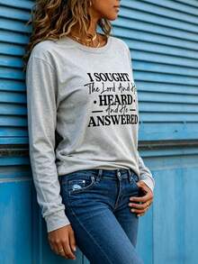 Women I Sought Lord Religious Long Sleeve Tee, Bold Inspirational Verse Print Soft Breathable Casual Faith Top Ideal Christian Gift Daily Wear - 淺灰色2 - 查看 2