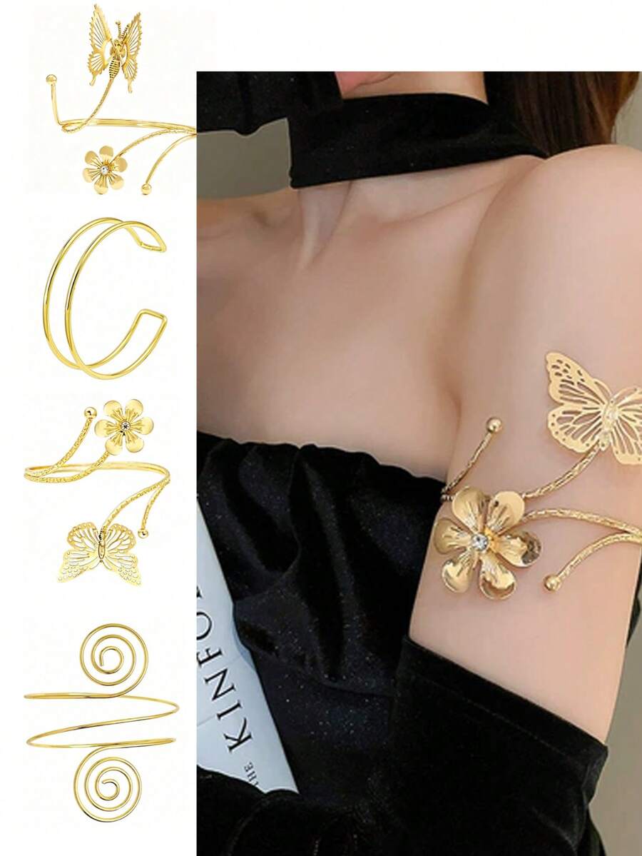 4pcs Women's Armband Decorations, Minimalist Style Arm Cuff Bracelets, Adjustable Coil Arm Bands - A0021T-15 - View 1