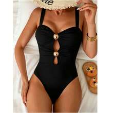Elegant One-Piece Swimsuit With Adjustable Shoulder Strap, Cutout Design, And Pearl Embellishment In Apricot Color. - 黑色 - 查看 1