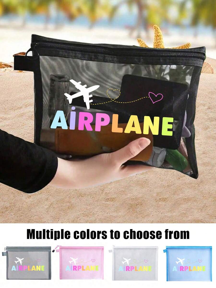 Women's Airplane Themed Travel Toiletries And Cosmetics Storage Bag - Cute Aviation Design With Airplane And Airplane Text Prints, Compact Makeup Bag With Zipper, Lightweight And Durable Fabric, Suitable For Carrying Essentials, Ideal Birthday/Honeymoon Gift For Female Travelers (Airplane Luggage Design, Travel Accessories) - Perfect For Airplane Enthusiasts, Airplane Themed Small Makeup Storage Bag - Multicolor - View 1