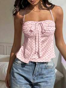 Blusa regata feminina Dila Polly elegante e romântica com estampa de bolinhas, laço e babados, sem alças, cor rosa, estilo camisola de alcinha, ideal para férias de verão. - Baby Rosa - Ver 5