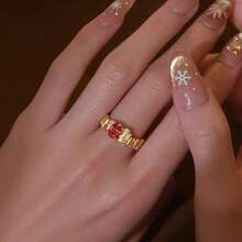 1枚法式复古奢华优雅锆石不对称戒指，适合女士日常佩戴 - 金色 - 查看 3