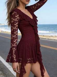 Dresses for Women - Lace Long Sleeve Asymmetrical Ruffle Mini Dress - Burdeos - Ver 5