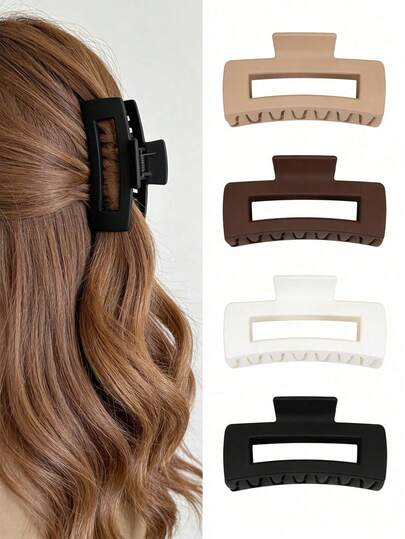 Set de 4 pinzas de pelo de plástico ligeras de 4.33 pulgadas de color negro, blanco y marrón. Diseño de pinza de estilo minimalista de unicolor, elegante y versátil. Adecuado para salidas diarias, reuniones casuales, trayectos al trabajo, vacaciones, peinados, lavado de cara, baño, combinación de atuendos, accesorios para el cabello.