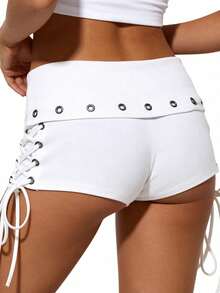 Y2k Shorts For Women High Waisted Fold Over Lace Up Side Stretchy Mini Booty Short Y2K Rave Club Party Concert Summer - White - View 4