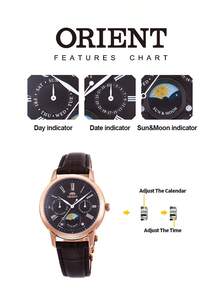 Orient Reloj de mujer de lujo con oro rosa, con fase lunar, multifunción con subdial de fecha, números romanos clásicos, correa de cuero marrón oscuro, elegante para negocios y ocasiones formales como bodas - Negro - Ver 6