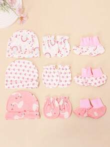 3pcs/Set Soft & Skin-Friendly Newborn Baby 3 Pieces Set, Cute Printed, Random Color, Suitable For Daily Wear, Sleeping And Gift - Printing - View 4