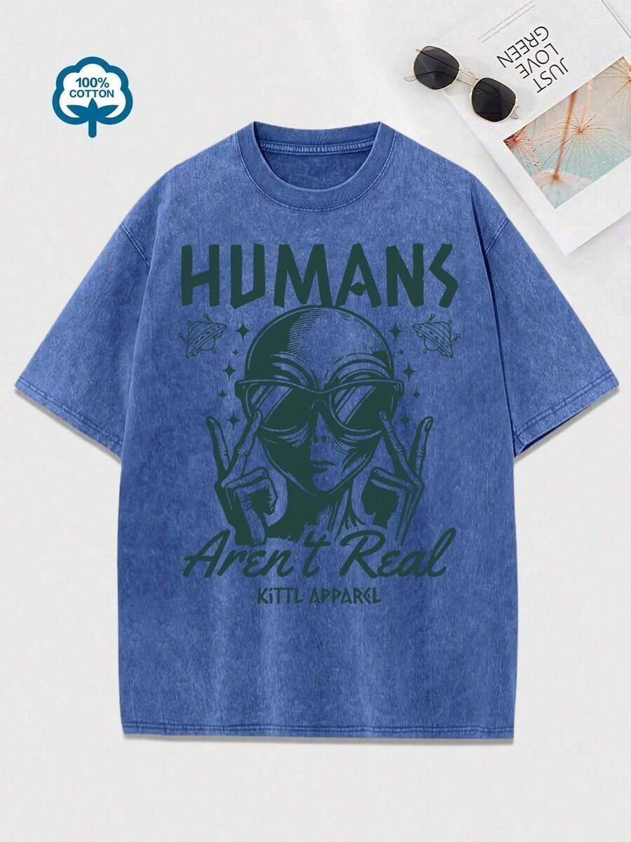 Women's Retro Tyle Alien Glasses Pattern T-Hirt - "Humans Are Not Real" Fun Astronaut Design, Hort Leeve, Ummer Casual Top, Green Distressed Finish, Casual Clothing, Perfect Gift For Ci-Fi Fans, Medium Tretch Fabric Vintage Tyle - Xanh đậm - Xem 1