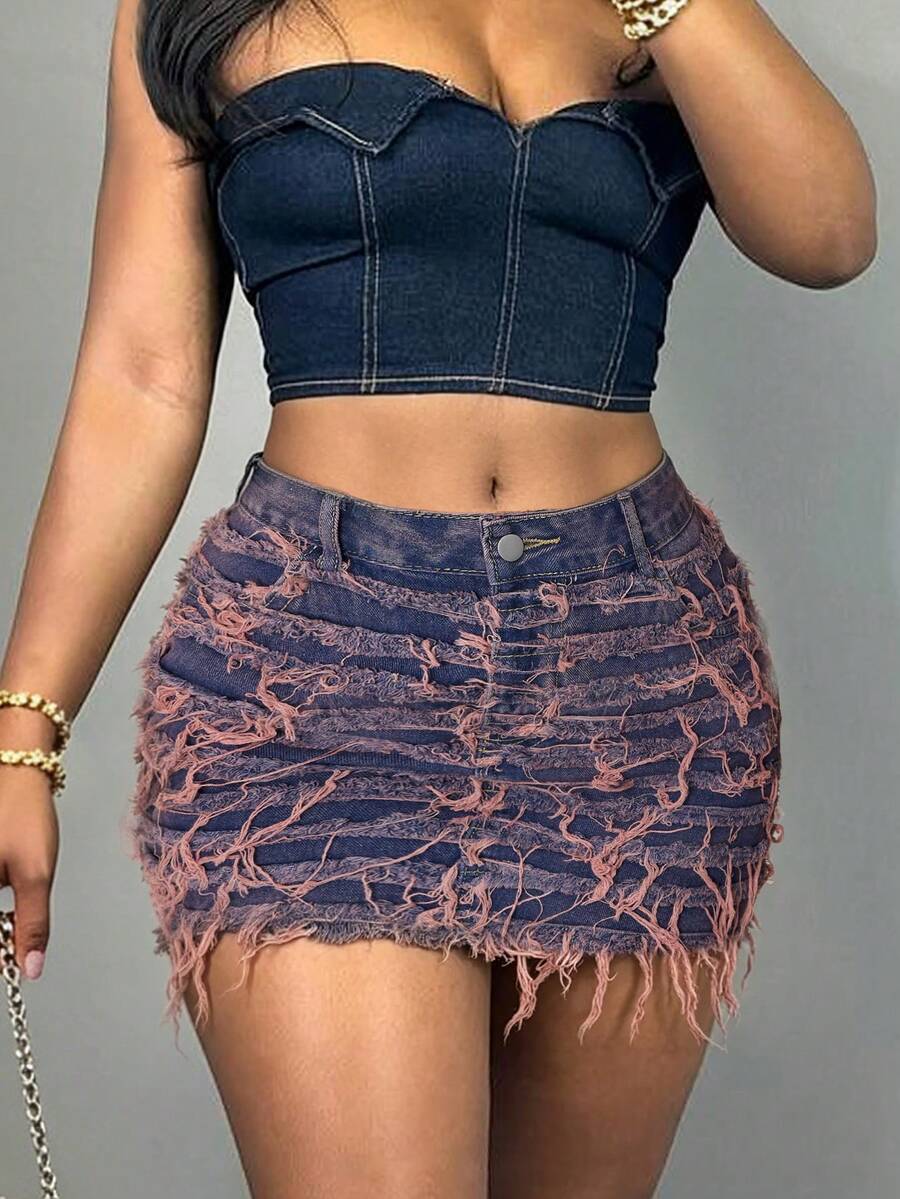 Y2K Retro Carnival Ruffled Layered Denim Mini Skirt, Casual Beach/Resort/Music Festival/Party Wear For Women In Summer - Mauve Purple - View 1