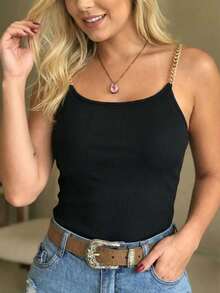 Summer Casual Solid Color Chain Strap Round Neck Bodycon Camisole Black - Black - View 5