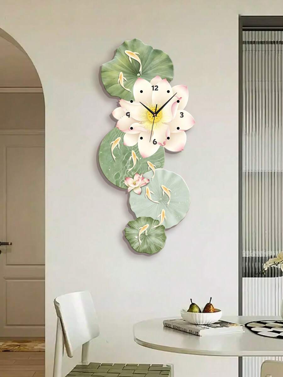 1pc Nine Fish Lotus Flower Silent Wall Clock, Creative Art Home Decor, Battery Powered Assembly Type, Suitable For Various Scenes Decoration And Gift