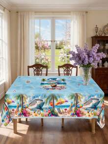 1 件长方形/椭圆形/圆形 60x84/70/60x120 英寸沙滩巡航场景印花桌布，夏季度假热带风格涤纶面料桌布，带蕾丝花边，防水防污防油防皱可水洗可重复使用桌布 - 彩色 - 查看 20