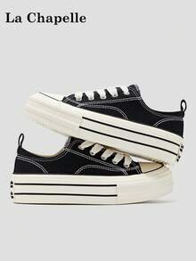 La Chapelle 1 pereche de adidași casual pentru femei, cu talpă groasă, șireturi și talpă moale, joasă, plată, pentru exterior, pantofi de vară pentru navetă, cu bot rotund, toc mic, antiderapanți, culoare uni, eleganți, pentru drumeții, potriviți pentru studenți și fotografii de absolvire, adidași sport de skateboard din microfibră, joși - Negru - Vizualizare 2