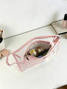 2pcs Set Classic Transparent Makeup Bag, Leather Lace Embossed, Large Capacity Portable Travel Toiletry Organizer, Desktop Cosmetic Storage Bag, Handheld Makeup Bag With Compartments - Multicolor - View 7